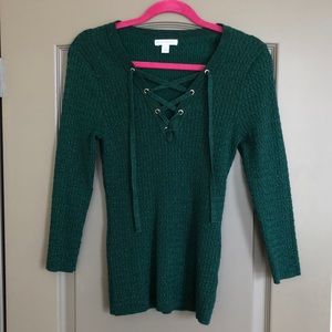 NY&Co Green Sparkly Sweater with Tie V-Neck